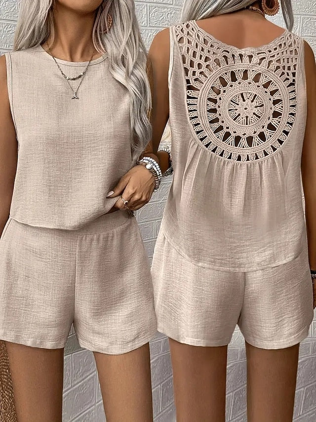 Women's Shorts Sets Sleeveless Round Neck Solid Color Hole