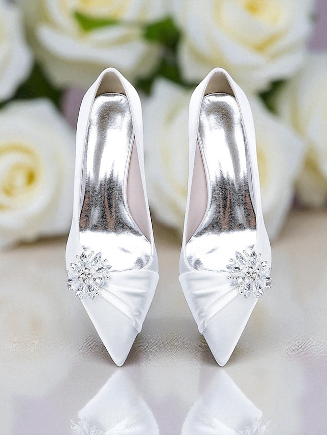 Women's White Block with Pumps Heel Low Crystal