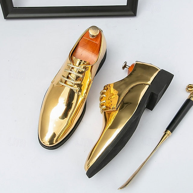 Lace-Up – Men Leather Patent Shiny for Sleek Gold Shoes