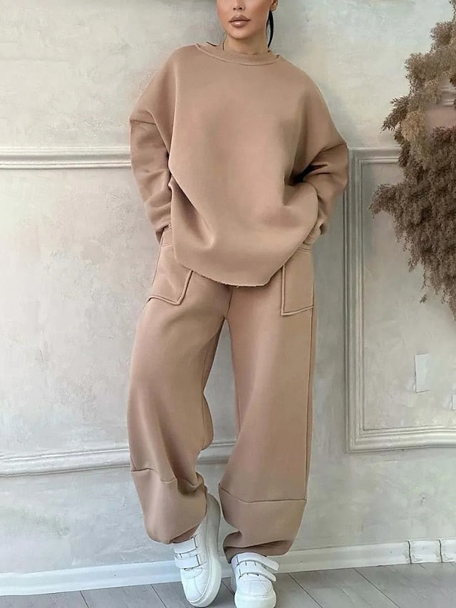 Women's Blouse Pants Sets Long Sleeve Crew Neck Solid Color