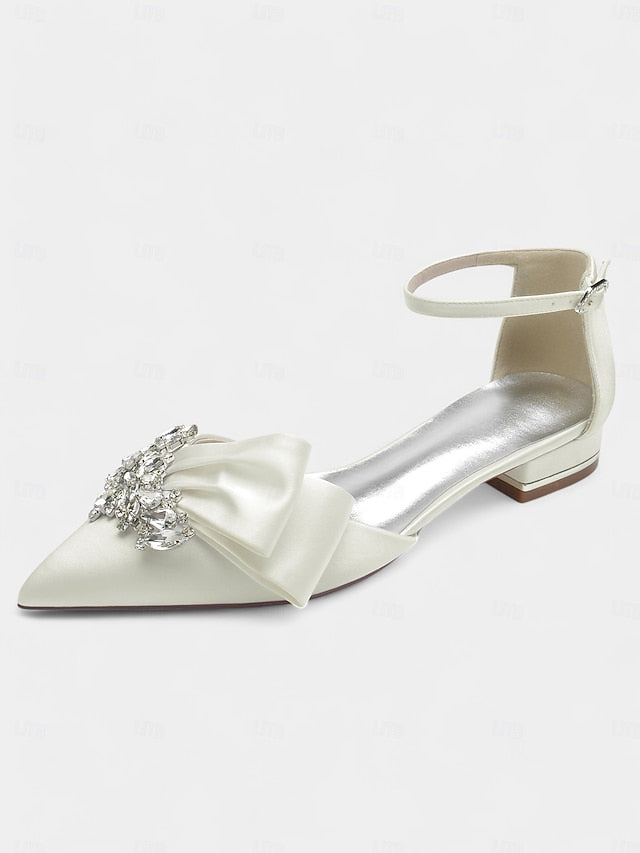 Bow Heels and Pointed-Toe Ankle with Rhinestone White Satin