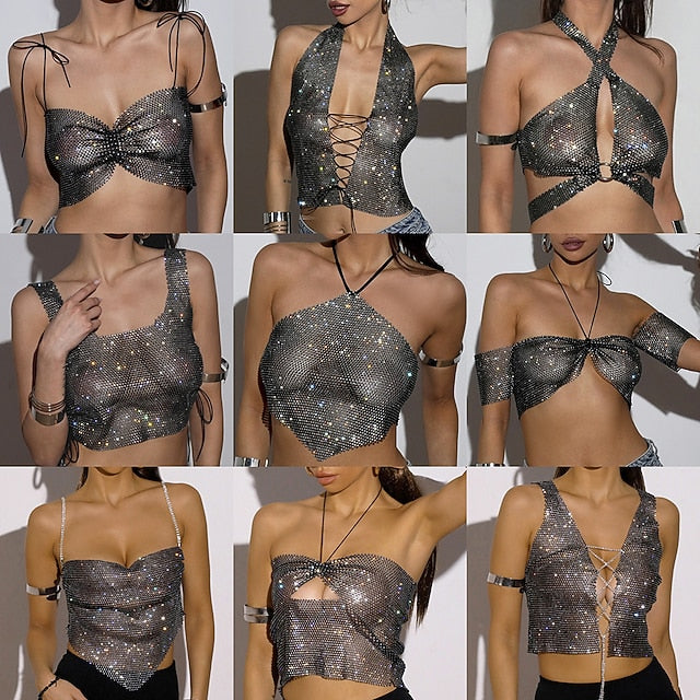 Metallic Sparkle Sexy Crop Tank Top Sheer Mesh Rhinestone Cover