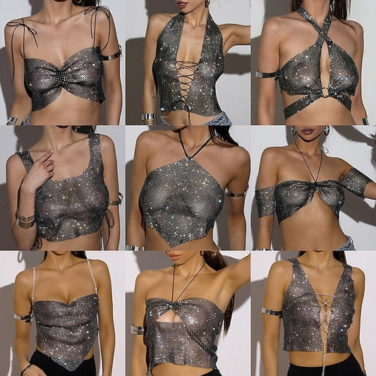 Metallic Sparkle Sexy Crop Tank Top Sheer Mesh Rhinestone Cover
