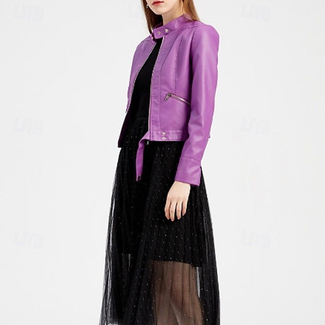 Women's Jacket Pocket Faux Zipper Leather Comfortable