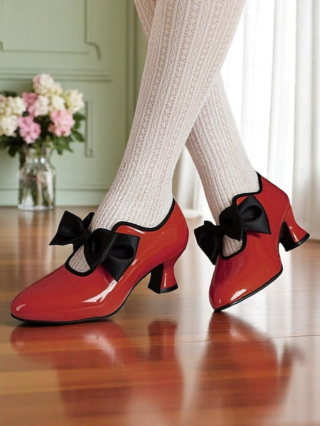 Women's – Patent Heel Leather Vintage Red 1920s Shoes Low