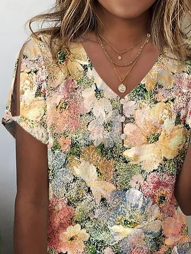 Women's T-Shirt  V Neck Floral Graphic Casual Short Sleeve