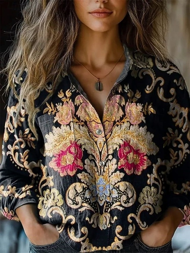Women's Shirt Floral Retro Vintage Ethnic Long Sleeve Shirt