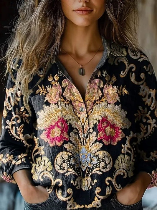 Women's Shirt Floral Retro Vintage Ethnic Long Sleeve Shirt
