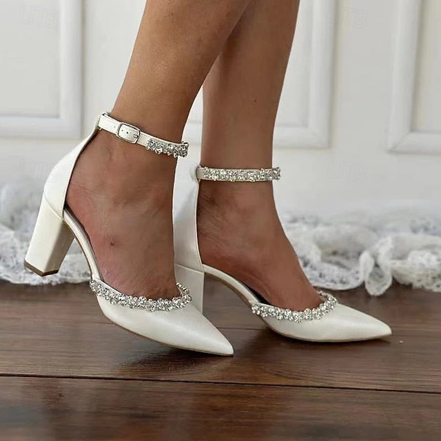 Women's White – Wedding Pointed Block Heel Toe with Shoes