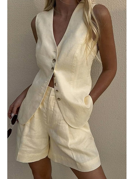 Women's Blouse Shorts Sets Sleeveless V Neck Solid Color