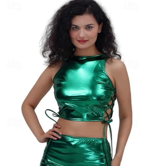 Metallic 1980s Shiny Latex Patent Crop Top Halter PU Leather