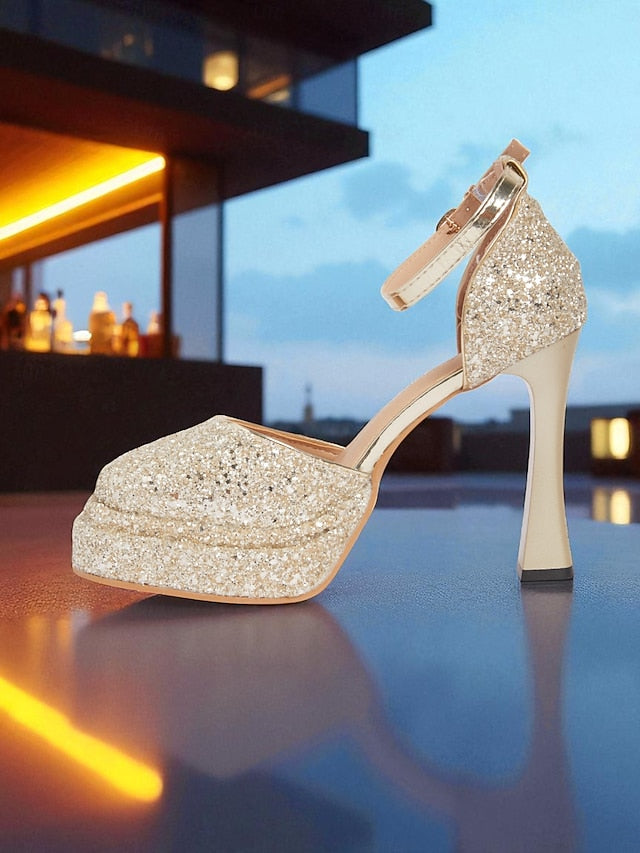 Women's Glitter Heels Platform Gold High