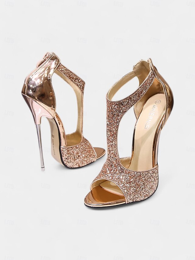 with and Stiletto Design Heels Open for Glitter T-Strap Gold Toe