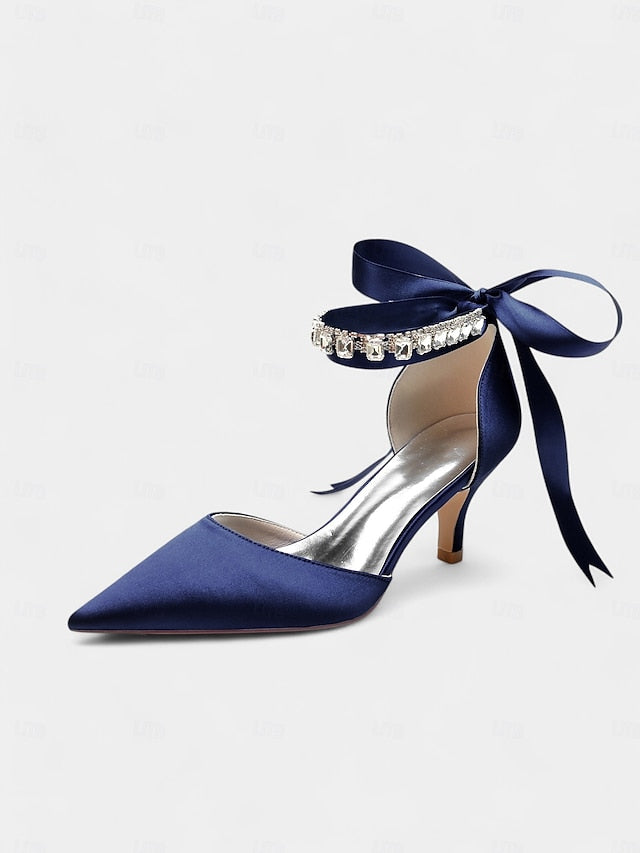 Satin Ankle Strap Blue Heels Pointed-Kitten and with Rhinestone