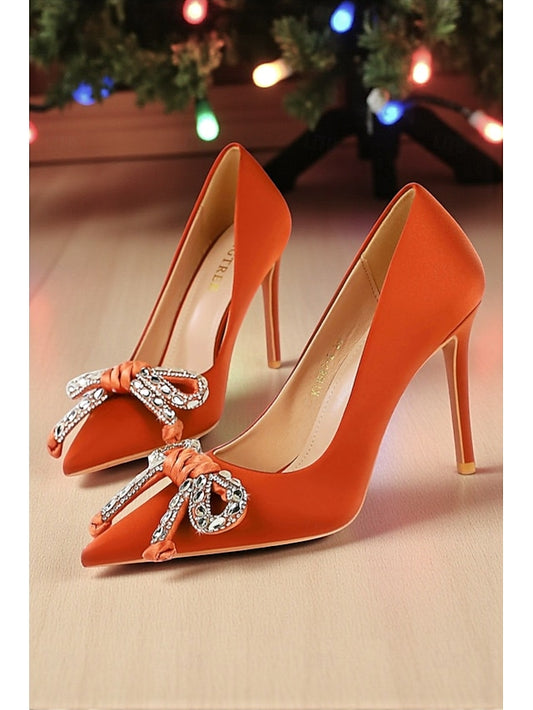Bow Crystal Women's Orange Stiletto Heels Pointed with -
