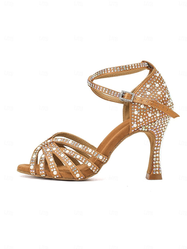 Tan Latin with Rhinestone-Embellished Sandals High Heel Dance