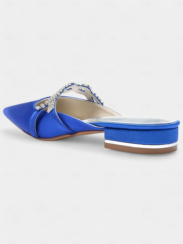 Satin Mule - Heels Rhinestone with Pointed-Toe Blue Detailing