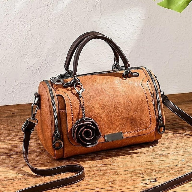 Leather Floral Vintage-Style Handbag Faux Women's with
