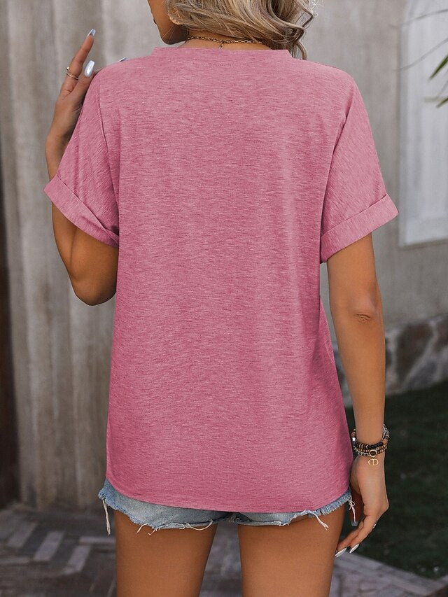 Women's T Shirt Tee Top Buttons Plain Fashion Stylish