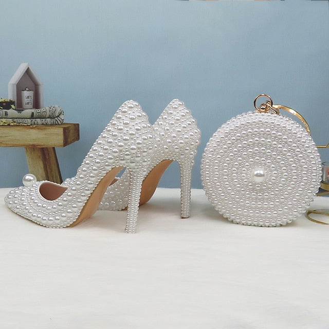 Pearl-Embellished and Round Heels Pearl White Stiletto Set Purse