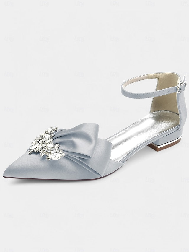 and Bow with Satin Ankle White Pointed-Toe Rhinestone Heels