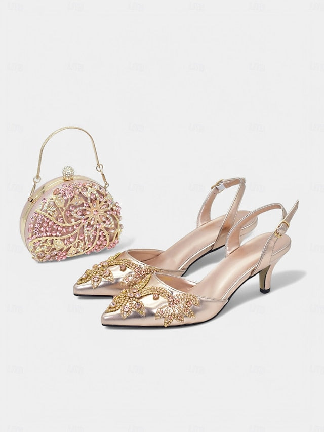 Slingback with Embellished Matching Handbag – Gold Heels