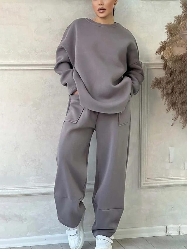 Women's Blouse Pants Sets Long Sleeve Crew Neck Solid Color