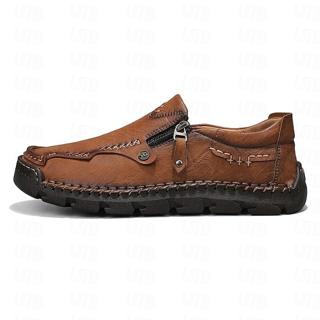 Leather with Side Faux Brown Slip-On Loafers Men's Zipper