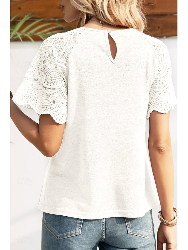 Women's Blouse Lace Tops Lace Plain Casual Short Sleeve