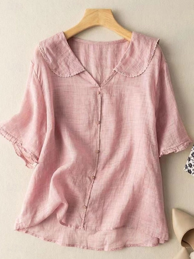 Women's Cotton Linen Shirts Solid Color Basic Casual Short