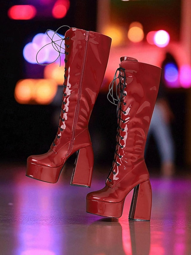 High Platform Silver Boots Metallic Knee Women's Lace-Up -