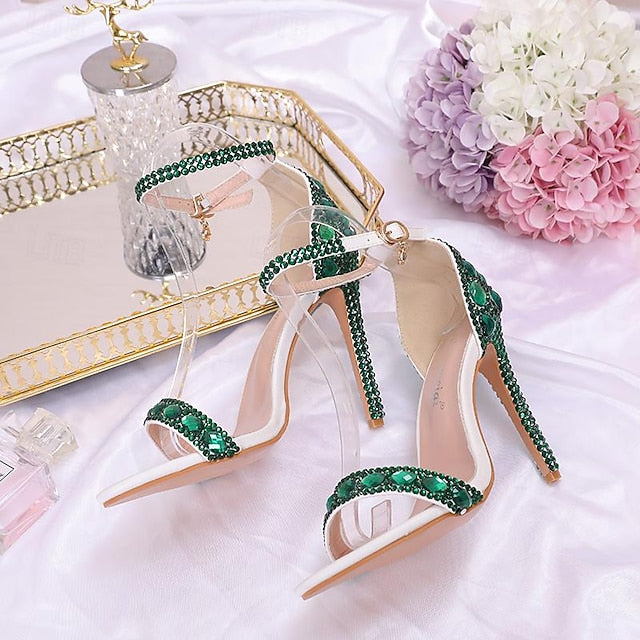Heels Green Matching Women's Ankle Stiletto Rhinestone with