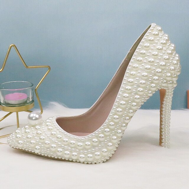 Pearl-Embellished and Round Heels Pearl White Stiletto Set Purse