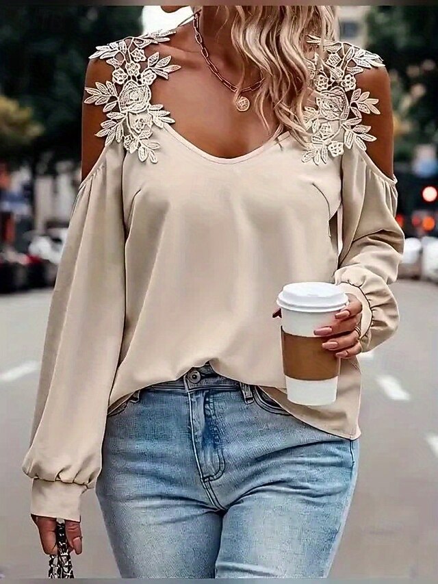 Women's Cold Shoulder Tops Patchwork Embroidered Floral