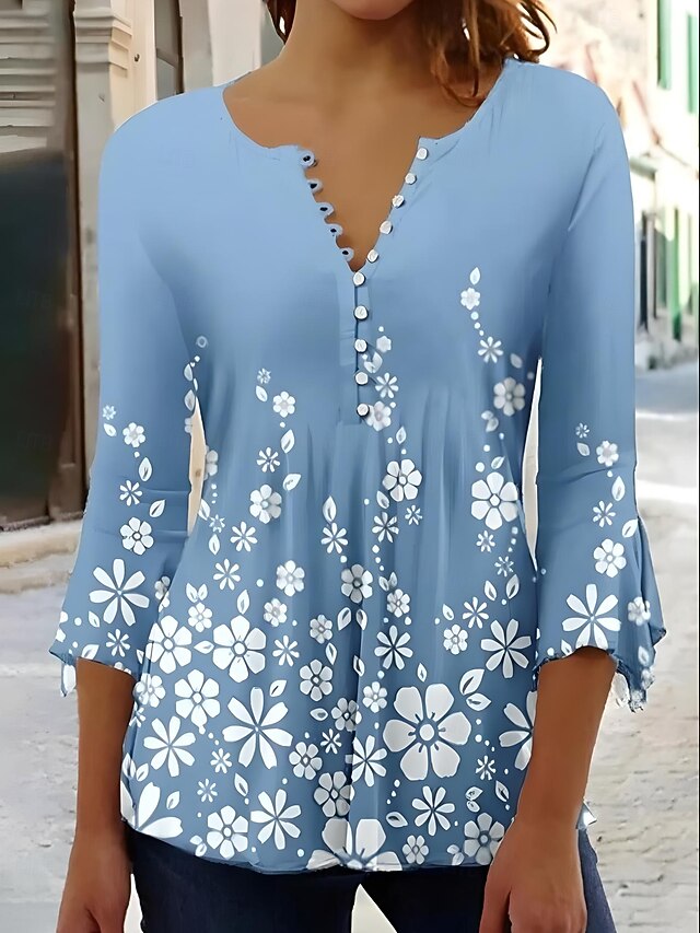 Women's T-Shirt  V Neck Ombre Floral Graphic Elegant