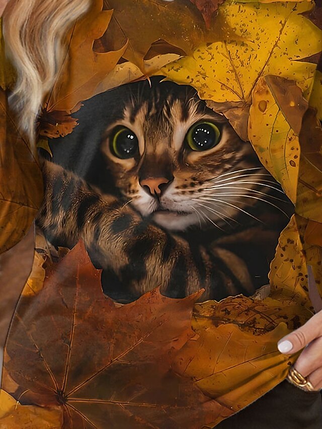 Women's T shirt Crew Neck Long Sleeve Tunic Cat Casual