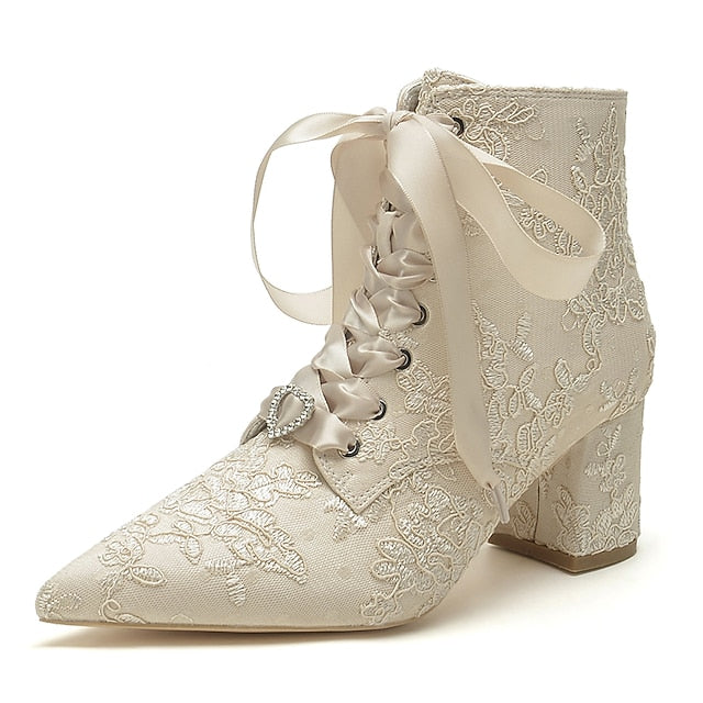 Bridal – Lace-Up White Floral Embroidered Women's Booties