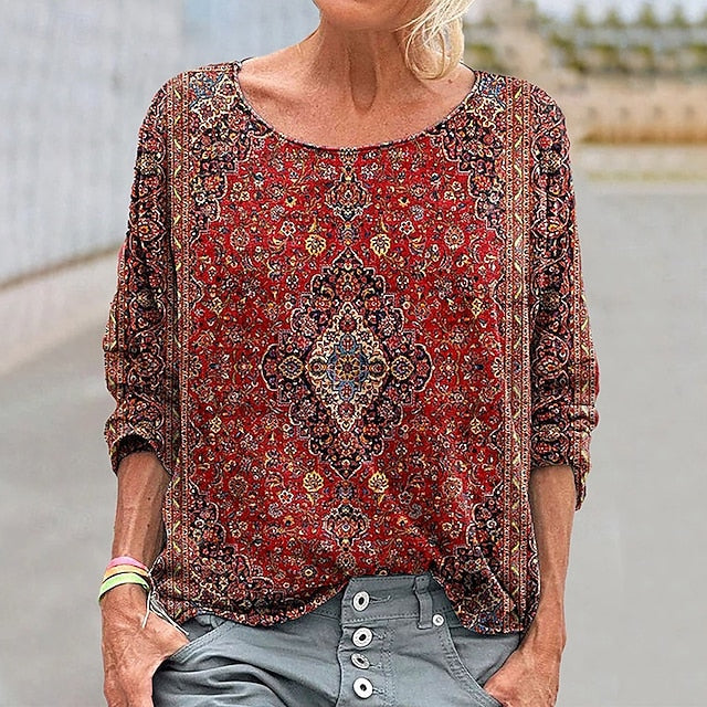 Women's Boho Shirt Blouse Patchwork Print Graphic Vintage