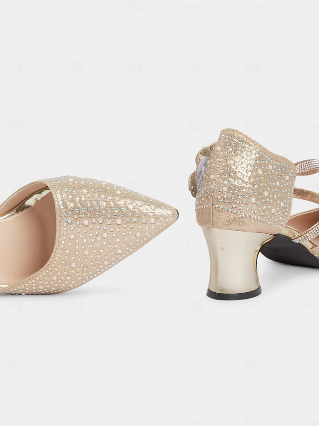 Ankle Pointed Women's Strap Low Rhinestone Glitter Heel Toe