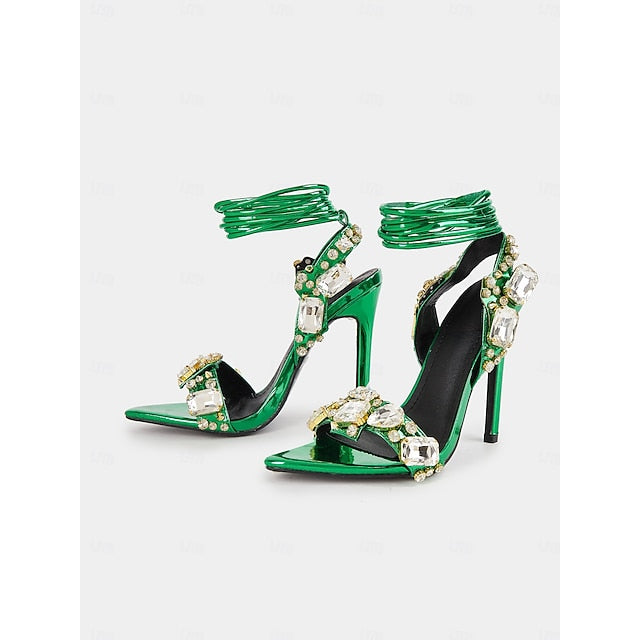 Women's Metallic Heels Lace-Up Stiletto with Green
