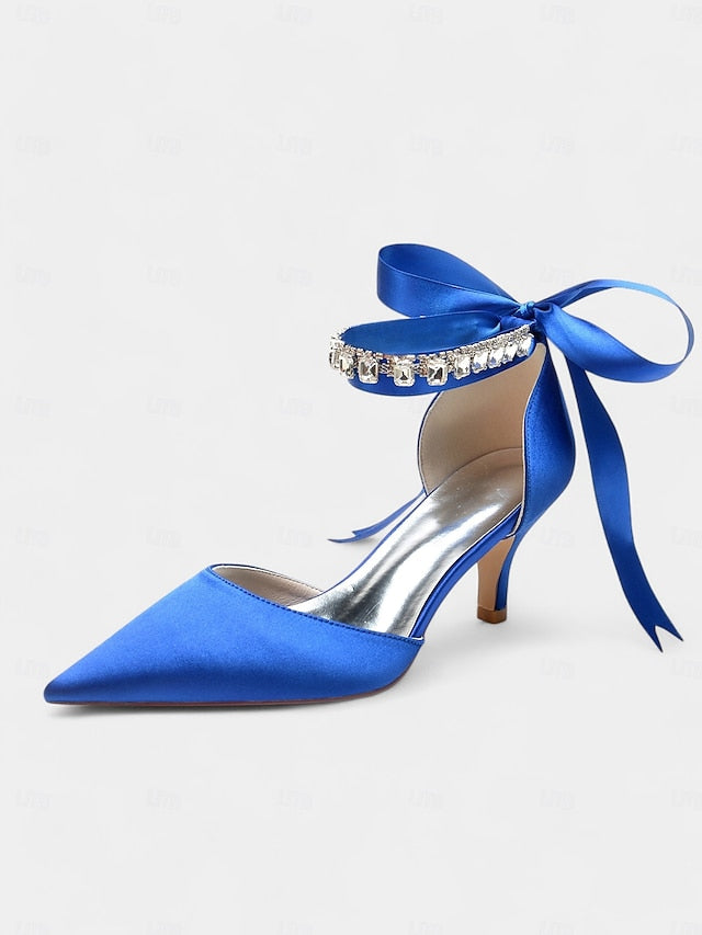 Satin Ankle Strap Blue Heels Pointed-Kitten and with Rhinestone