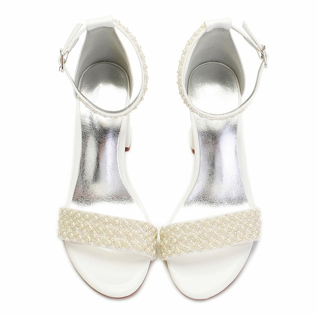 White Embellished Pearl Ankle Strap Block Ivory Women's