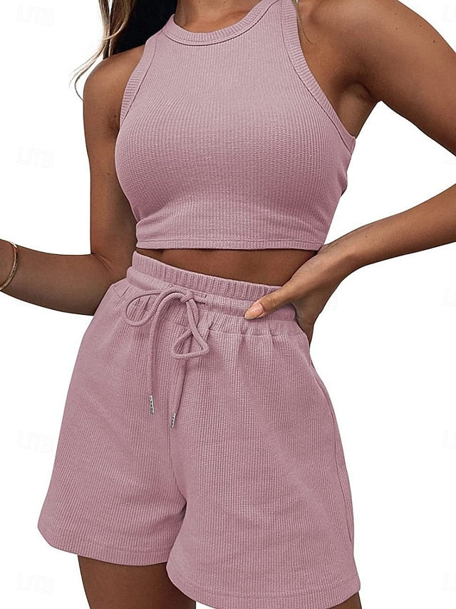 Women's Two Piece Sets Tank Top Shorts Sets Sleeveless Crew