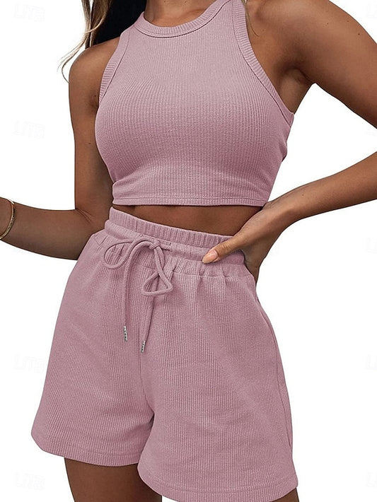 Women's Two Piece Sets Tank Top Shorts Sets Sleeveless Crew