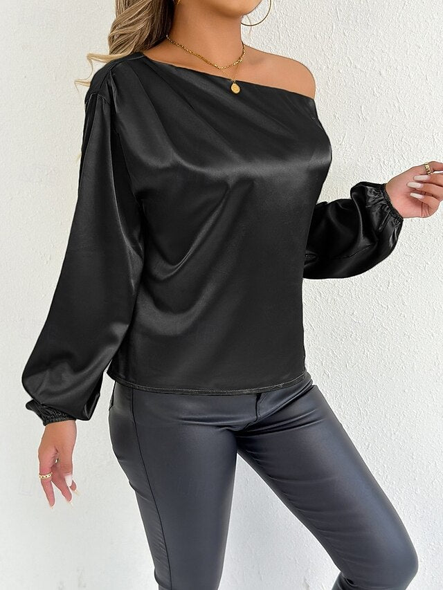 Women's Satin Tee Top Elegant Stylish Long Sleeve Puff
