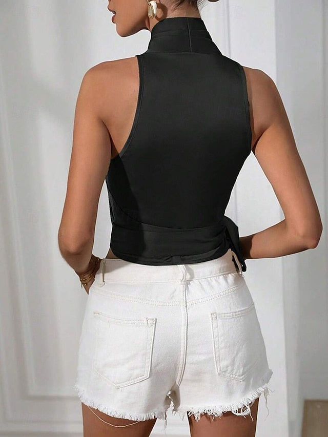 Women's Satin Tank T Shirt Tee Top Wrap Plain Elegant