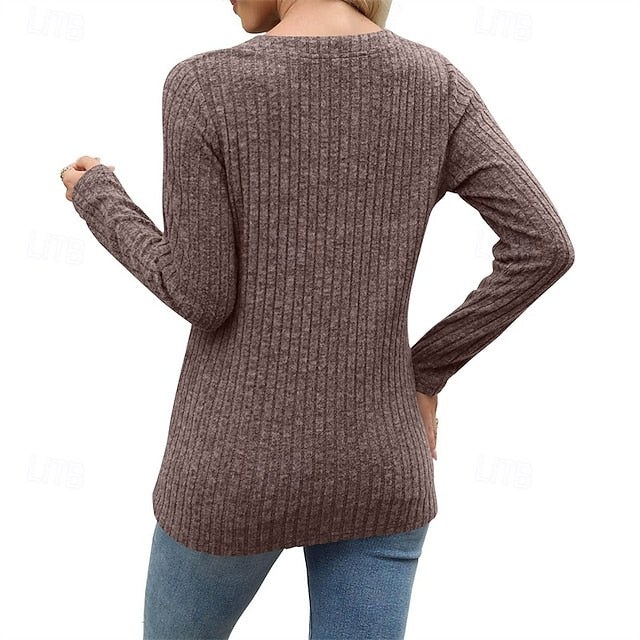 Women's T Shirt Tee Top Buttons Solid Color Stylish Classic