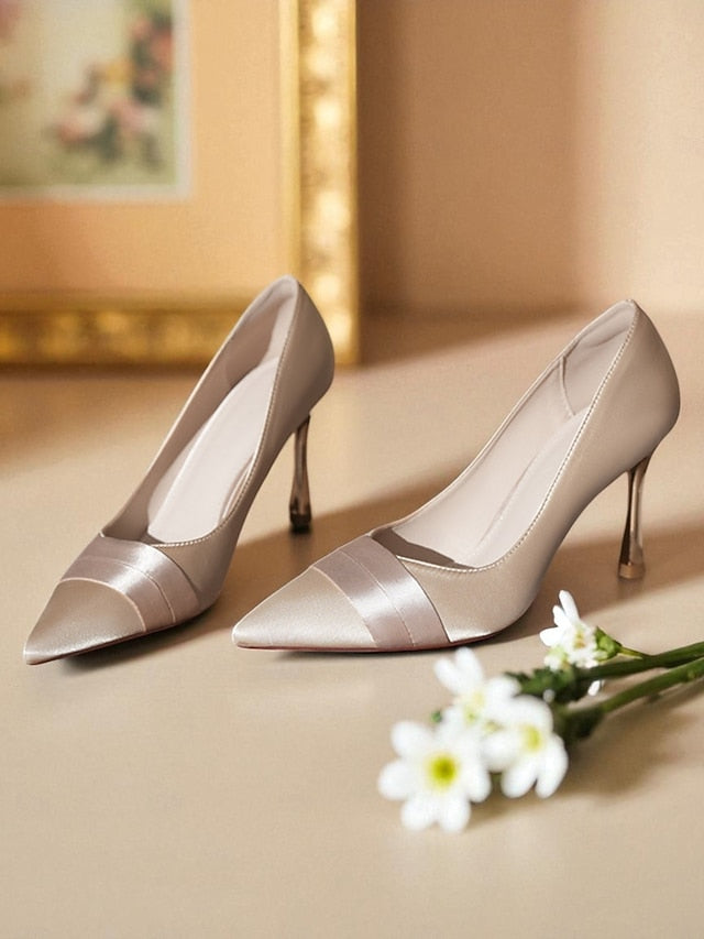 Heel Pointed Women's Toe High Satin - Champagne Pumps
