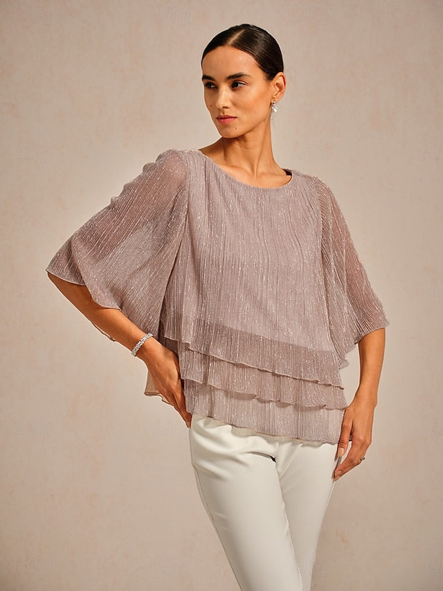 Women's Blouse Chiffon Tops Lace Tops Ruched Glitter Solid