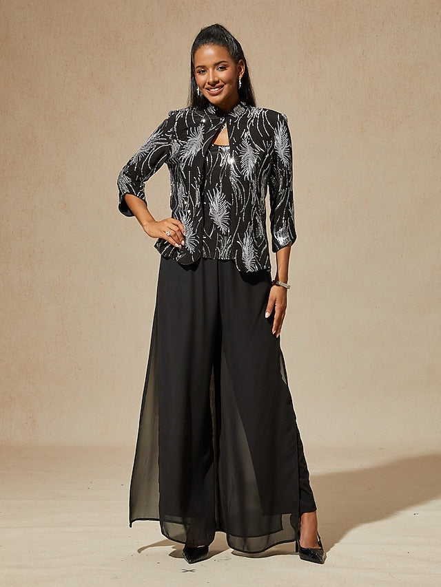 Women's Sequin Tops Twinset Sequins Feather Elegant 3/4